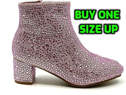 Forever Girls Rhinestone Boots Kids Low Heel Dress Booties Iceberg-12K Shoes Pink Rhinestone 12