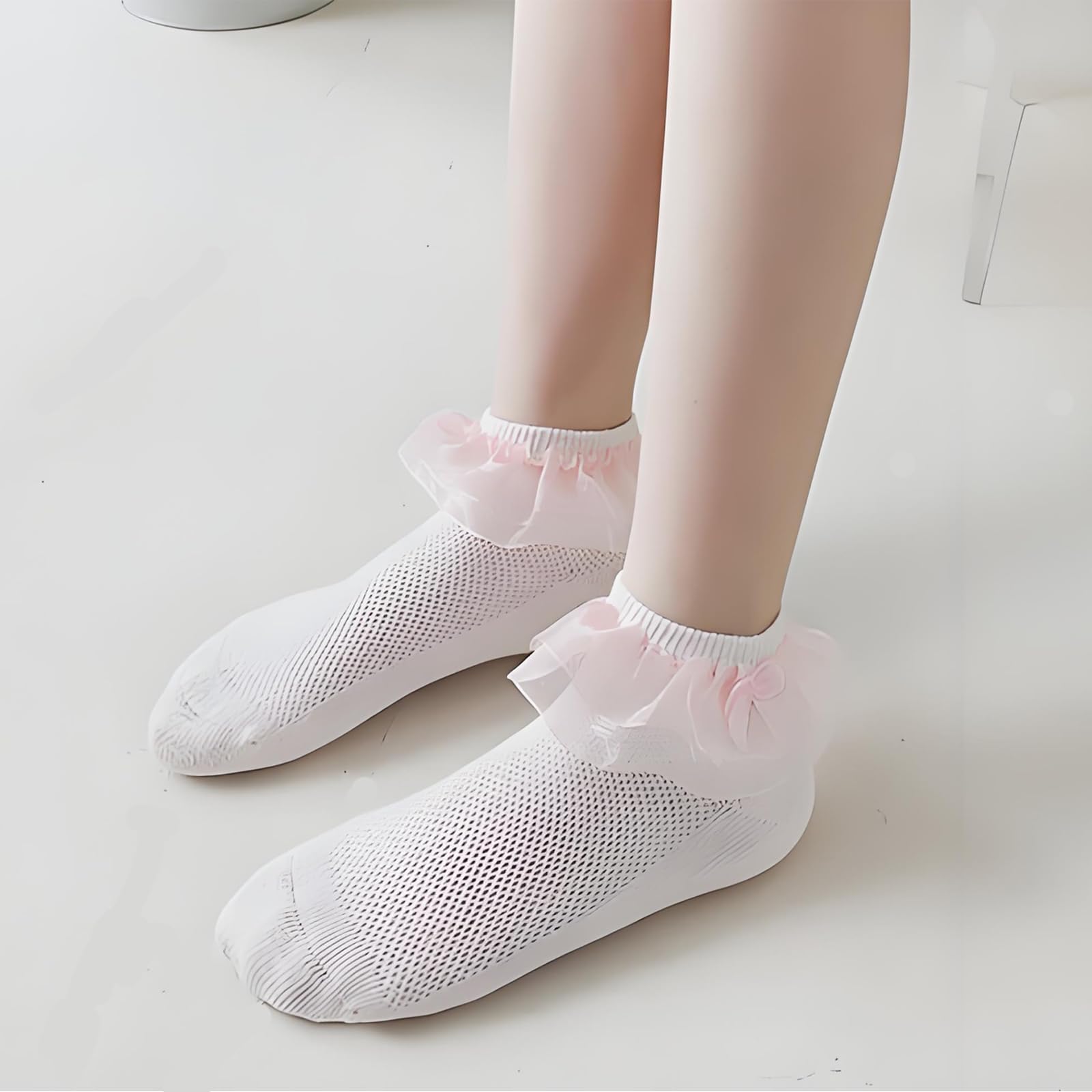 Baby - Calcetines de malla con volantes de algodón blanco para niñas y niñas, 6 unidades - rosa - 6-8 años