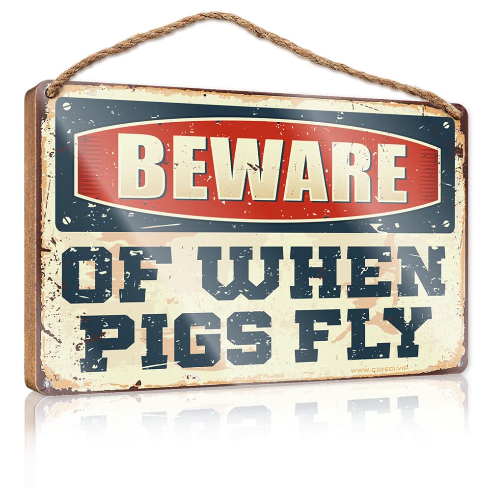 Dtha One Color Decorative Hanging Sign Beware Of When Pigs Fly Wooden Sign Porch Signs Outdoor Outdoor Patio Decor(15X28cm)