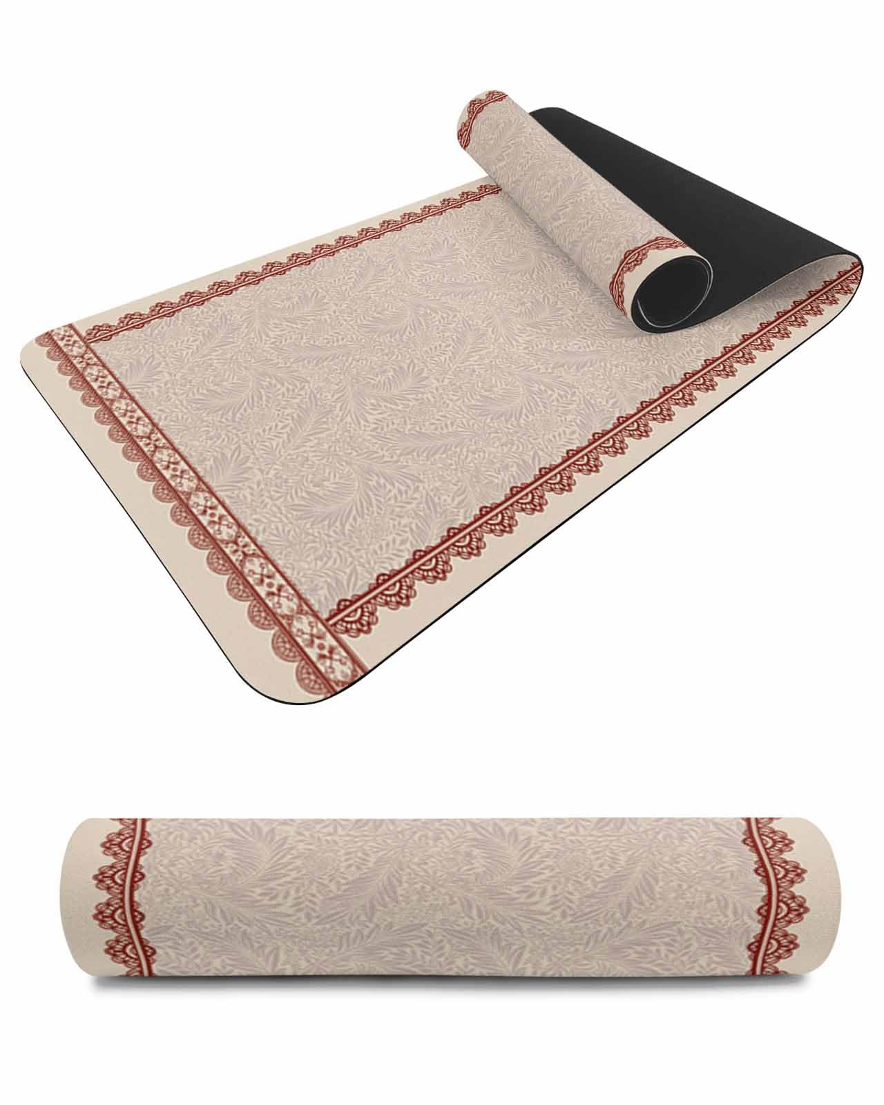 Debedcor Heat Proof Table Pads Waterproof Decorative, Boho Brown Leaves Non-Slip Table Countertop Protector, Vintage Red Floral Texture Insulation Mat for Dining Room, 48 x 12 Inches