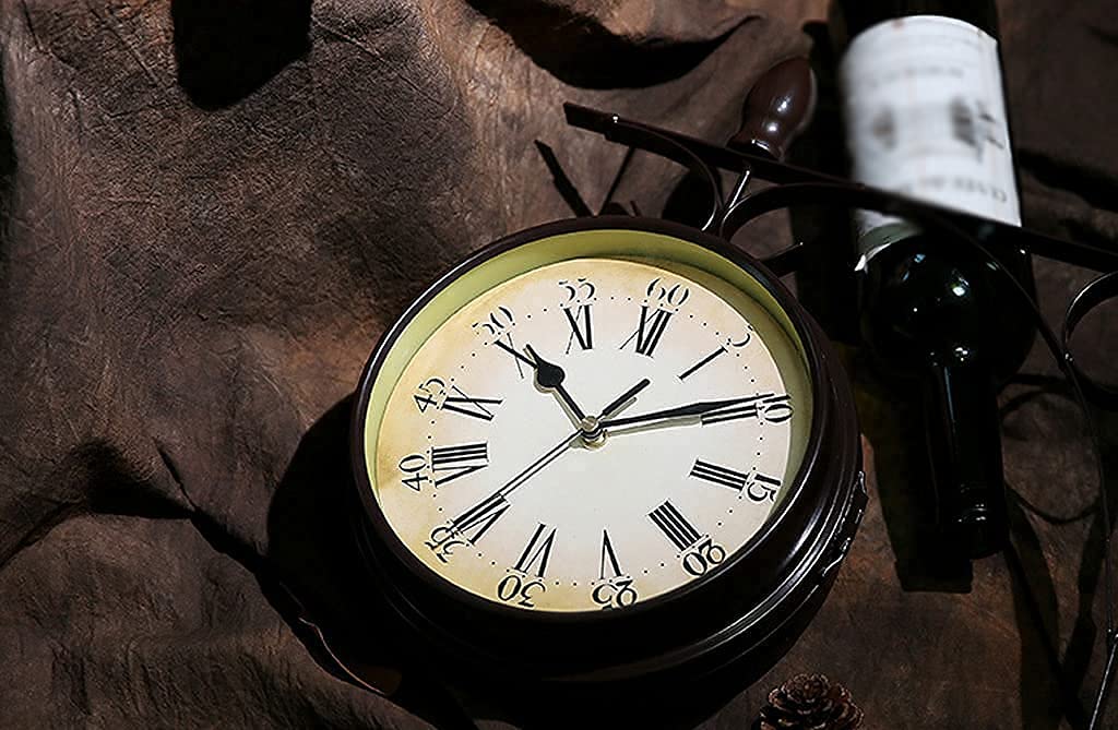 Zegar ścienny, zewnętrzny zegar ścienny ogrodowy, 20 cm retro dwustronny kreatywny zegar ścienny do dekoracji domu z zewnętrznym stojakiem, dekoracja wnętrz zegarek na ścianę, salon, taras