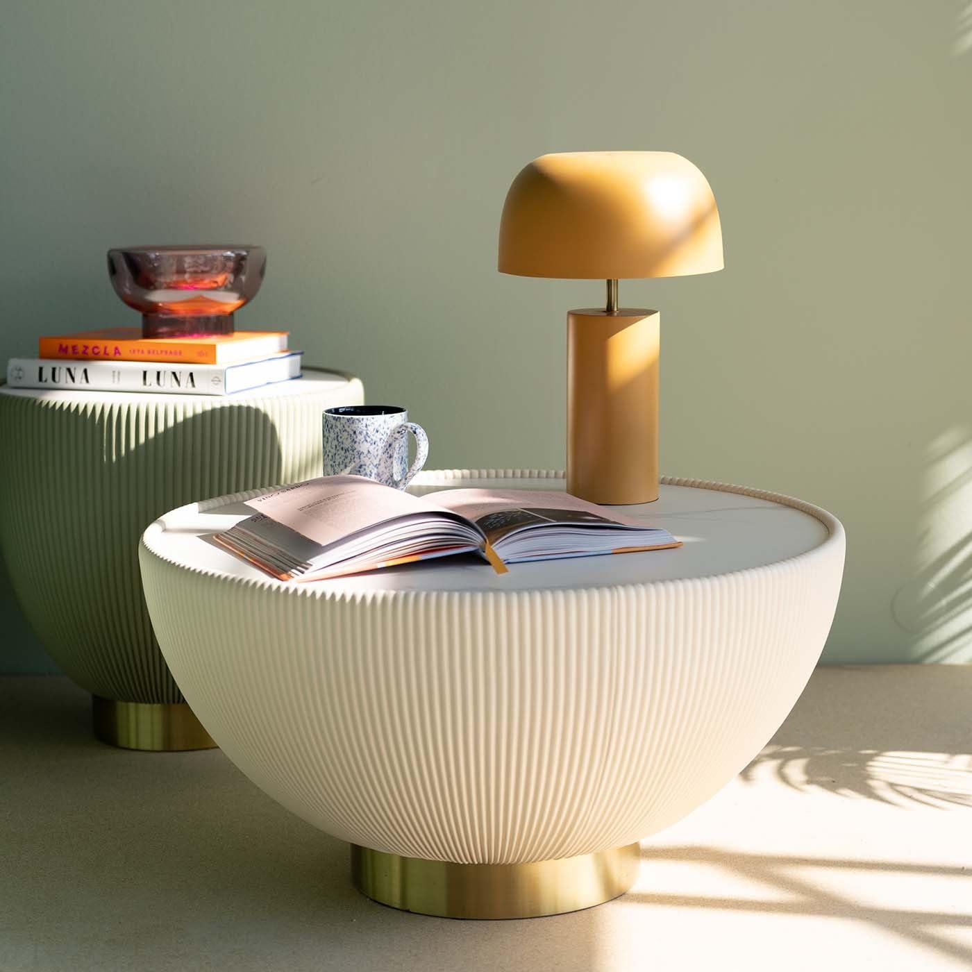 Kare Design Tischleuchte Loungy Curry, Gelb, Tischlampe, Stahlgestell, Metall Schirm, kein Leuchtmittel inklusive, E14, moderne Lampe, Designer Leuchte, Pilzlampe