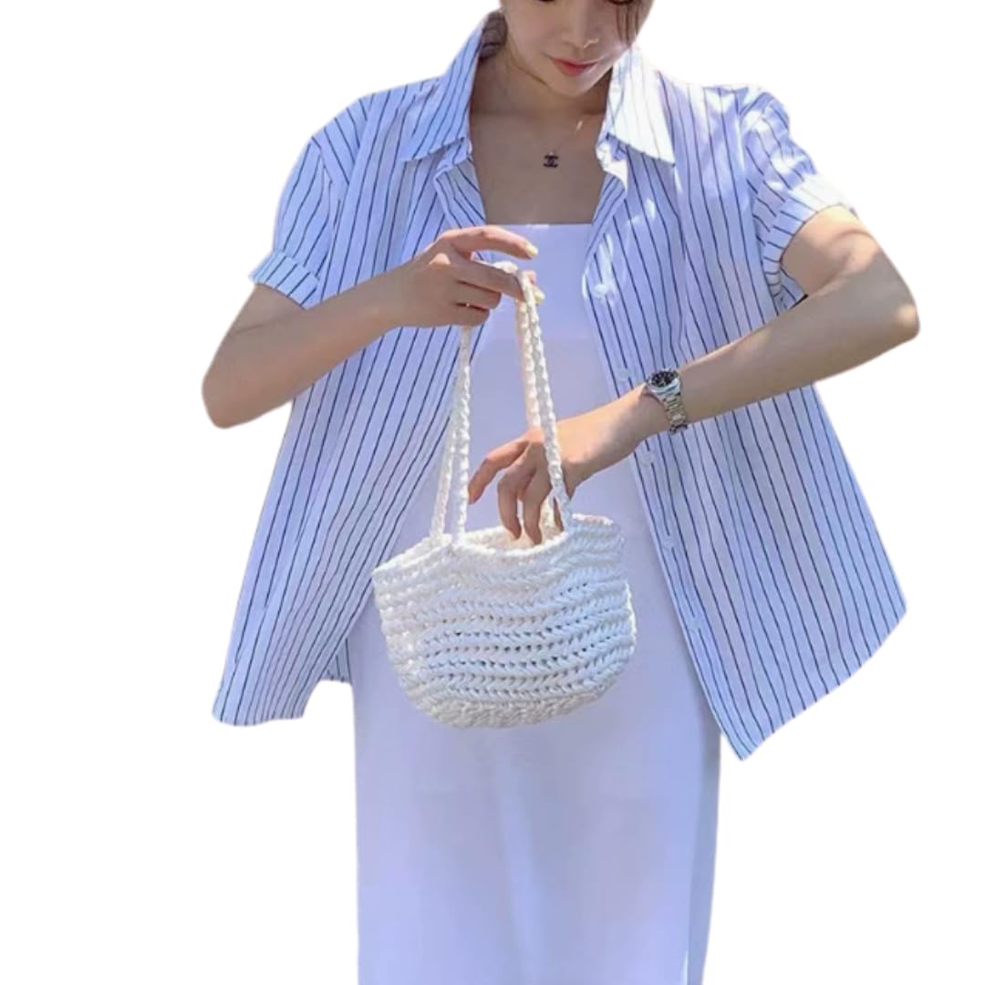 Korean Style Striped Short Sleeve Shirt for Women | Elegant Loose Fit Casual Summer Blouse | XL-picture-43