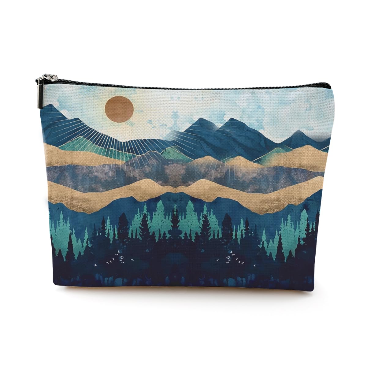 Watercolor Cosmetic Bag Mountain Sunshine Print -Blue Funny Christmas Birthday Gifts for Women Teen Girl Daughter Friend Bestie Sister Coworker