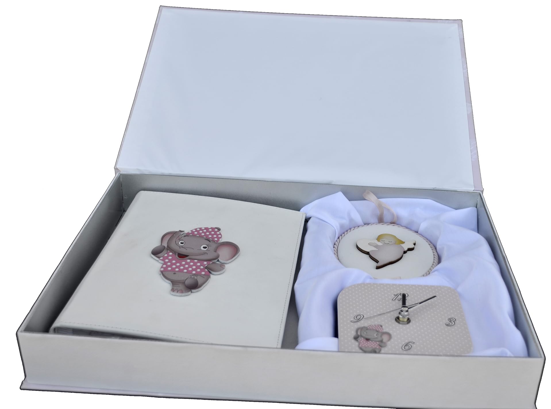 oggettando Benvenuto al Mondo: Set regalo tema Elefantino con Diario, Orologio da tavolo e Sopraculla con Carillon Neonato nascita (Rosa)