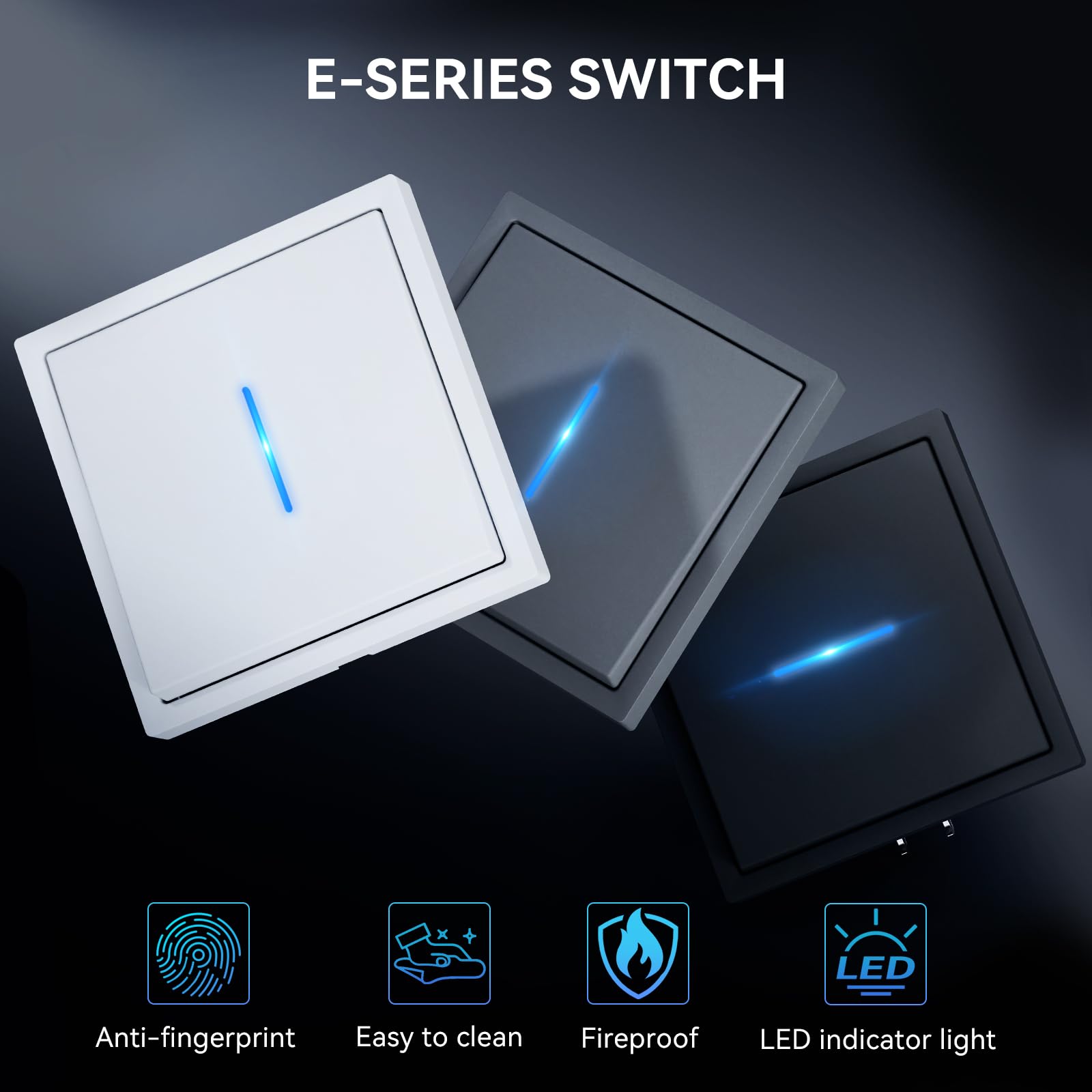 BSEED Interruptor Empotrado, Interruptor Pulsador con Terminal Enchufable, 1 Gang 1 Vía Light Switch con Indicador Luminoso LED y Marco de PC, Negro, 80X80mm