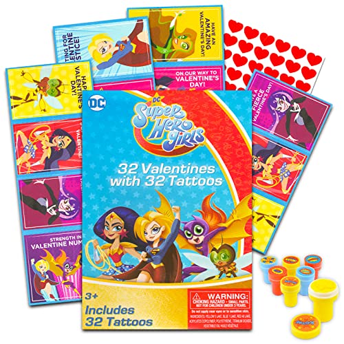 Valentines for Kids DC Super Hero Girls Bundle Includes 32 Super Hero Girls Valentines Day Cards for Girls and Boys Preschool School Kindergarten with Heart Stickers and Superhero Stampers