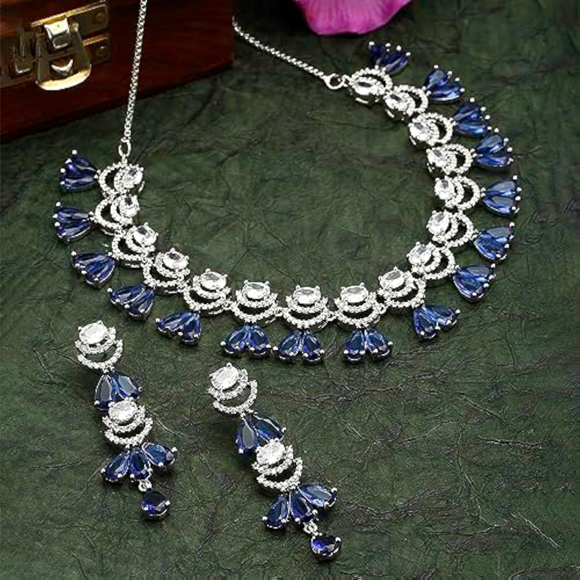 Rhodium-Plated American Diamond Necklace & Earrings Set