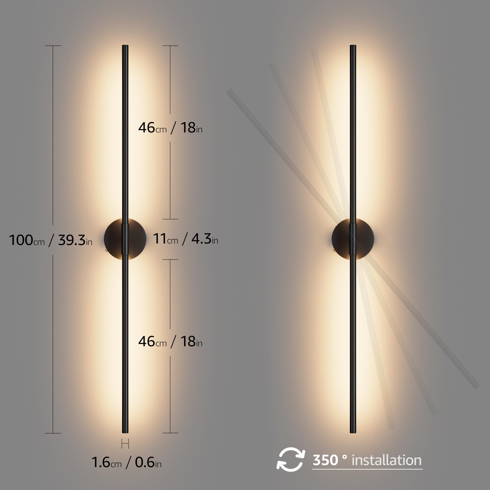 Klighten 2 Stück 6W LED Akku Kabellose Wandlampe Dimmbar und Timer Funktion, 100m Schwarz Wandleuchte Wiederaufladba mit Fernsteuerung, für Schlafzimmer Wohnzimmer Treppenhaus, 3000K/4000K/6000K