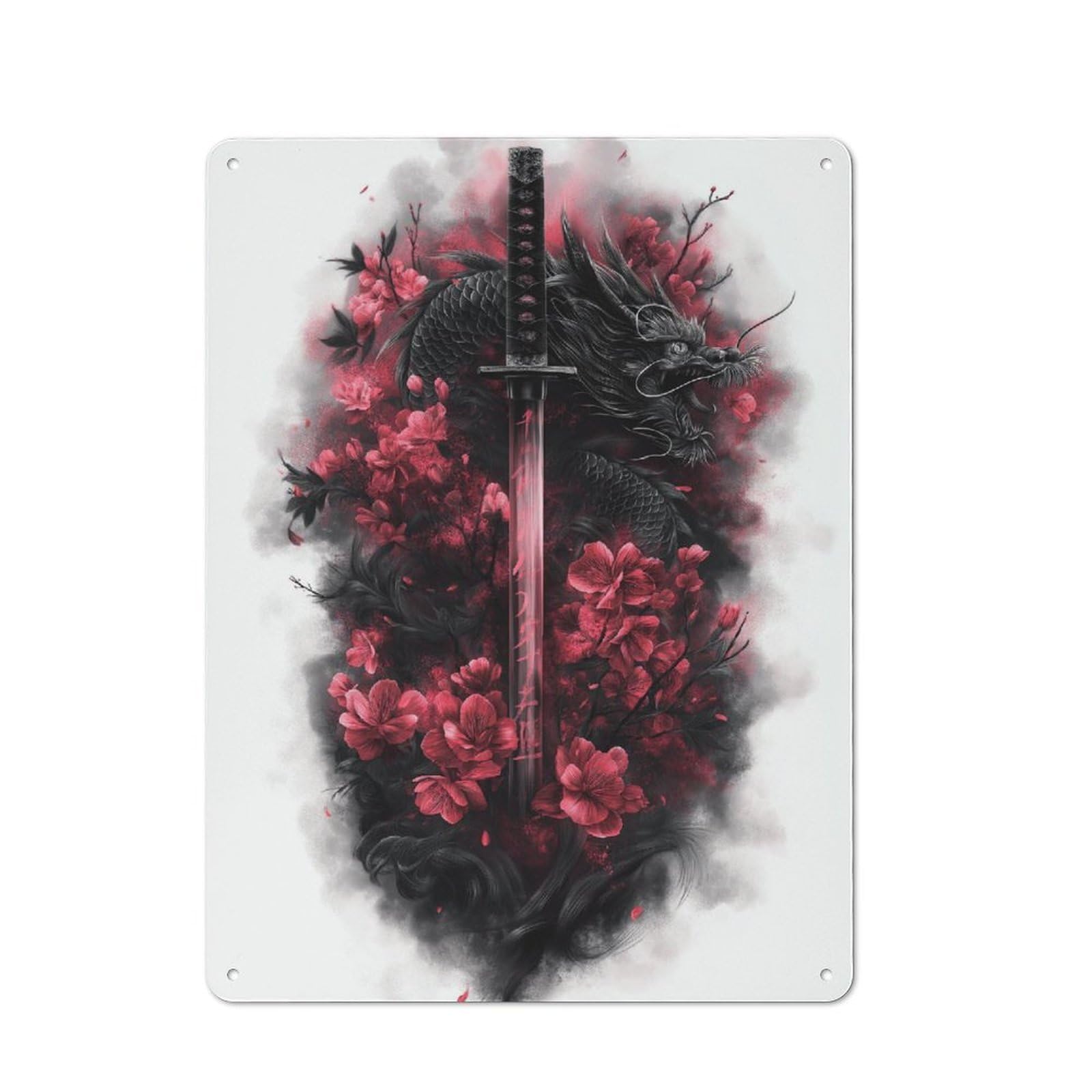 Junmoney Dragon Blade & Cherry Blossoms Vintage Bistro Metal Sign 40X30cm, Bistro Wall Plaque For Takeaway, Bar, Kitchen Or Counter Area