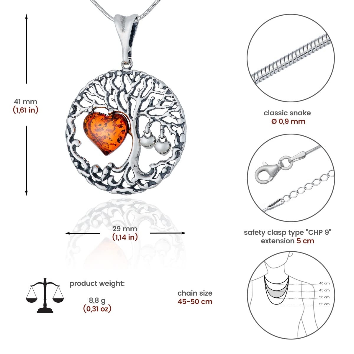 Collar de Mujer de Plata Estelina Oxidada, Corazón de Ámbar Báltico, Colgante Árbol de la Vida Celta con Corazón de Ámbar en Cadena