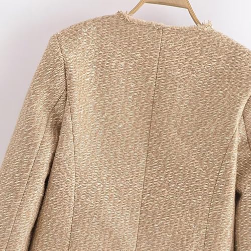 Casual Tweed Blazer Jacket for Women Cropped Open Front Button Down Collarless Coat Office Work Business Dress Jackets4