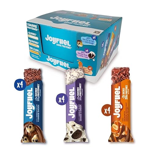 JOYFUEL Coffret panachée de 12 Barres Protéinées de 55gr -Goûts Chocolat au Lait & Cookie Dough- Chocolat Blanc & Cookie & Cream- Chocolat & Cacahuètes & Caramel - <2g de sucre - 20g de protéines - - Chocolat au lait et cookie cream, Chocolat blanc et cookie cream & Chocolat au lait, Cacahuètes et Caramel