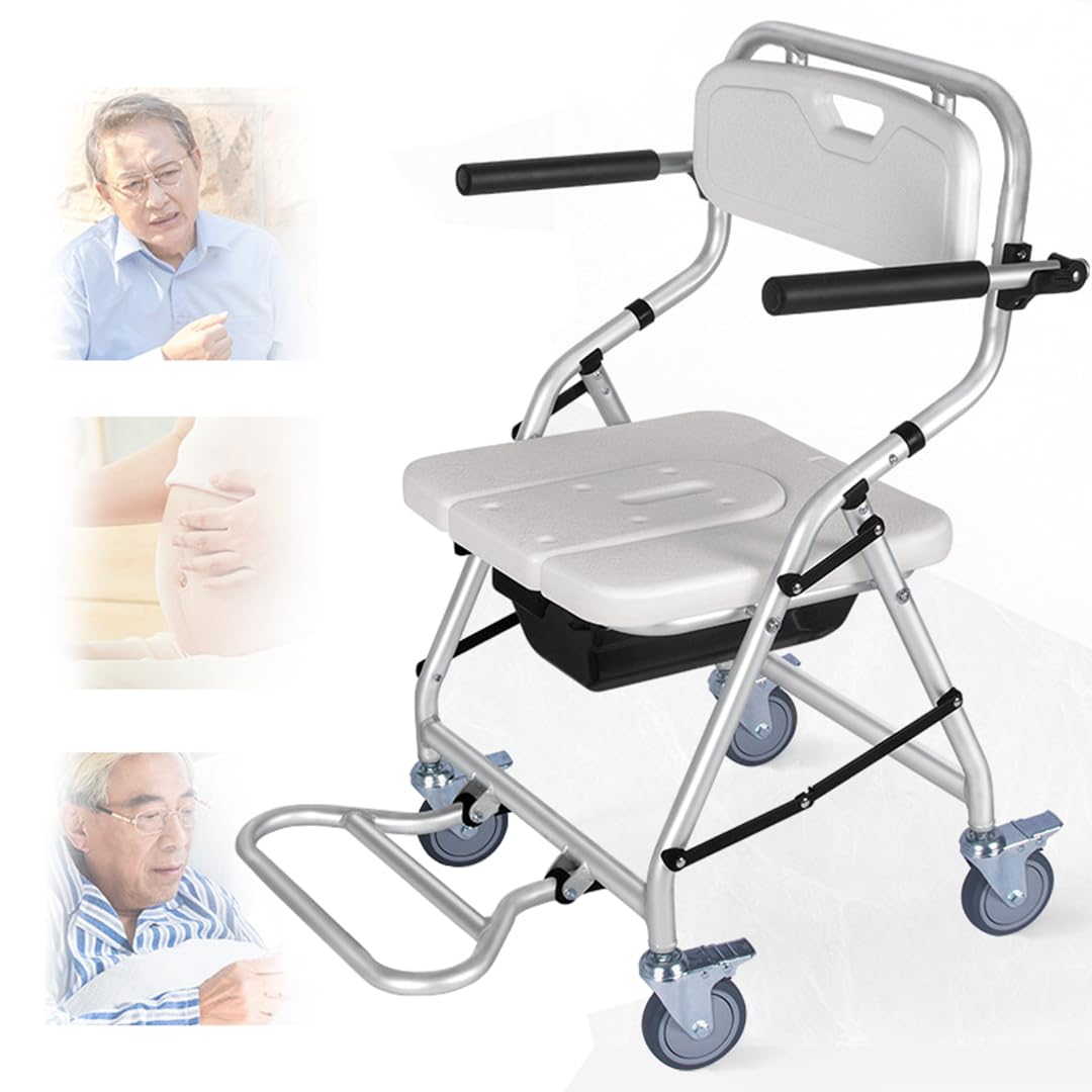 Krzesło toaletowe Commode z kółkami, komody przyłóżkowe dla osób starszych, krzesło prysznicowe dla niepełnosprawnych z kółkami, wózek prysznicowy Commode z podnóżkiem, składany