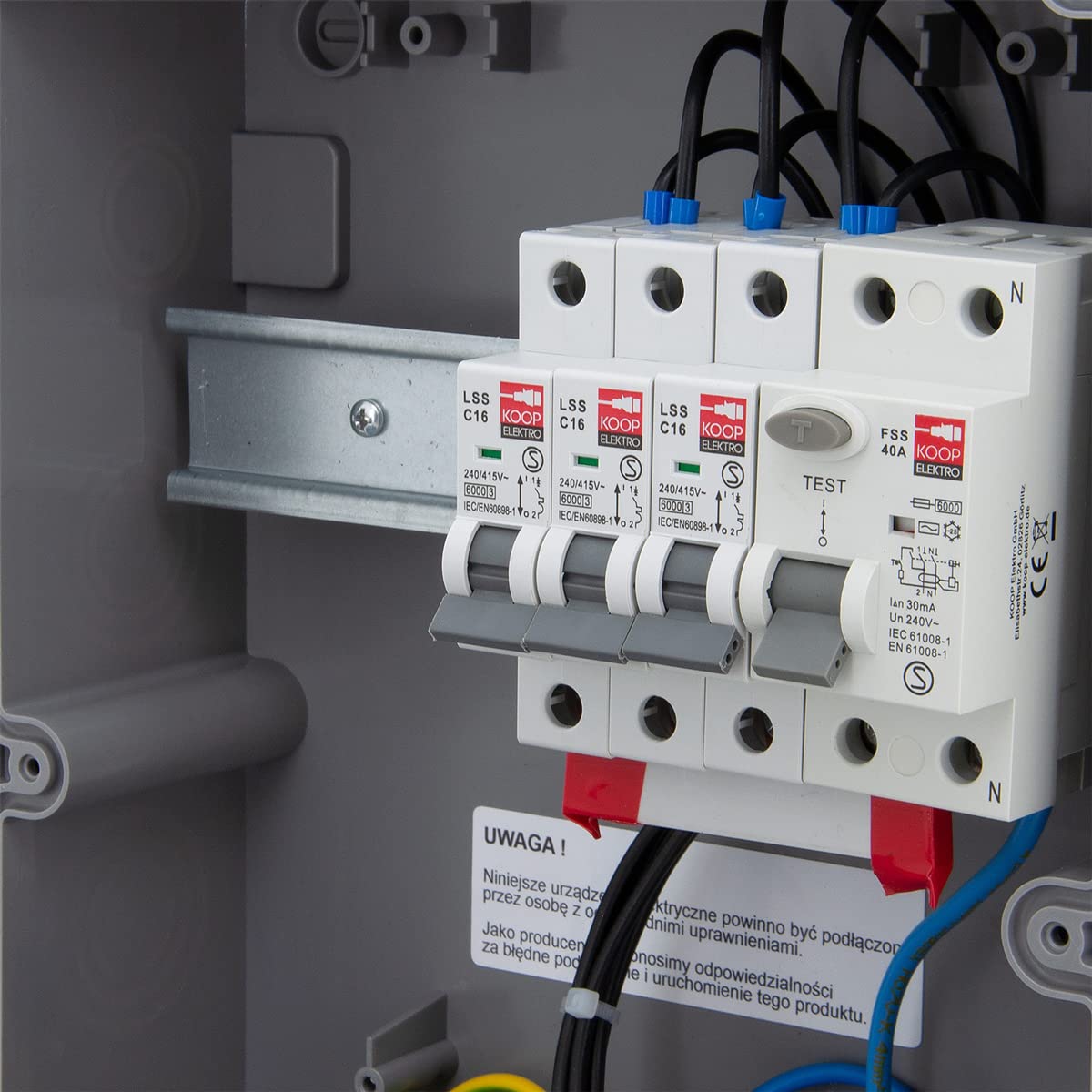 ELS Elektrotechnika Distributore di corrente da parete, 6 x 230 V, Schuko 40 A e interruttore di protezione del cavo 3 x C16 A. Distributore di corrente per interni ed esterni, officine e fabbriche.
