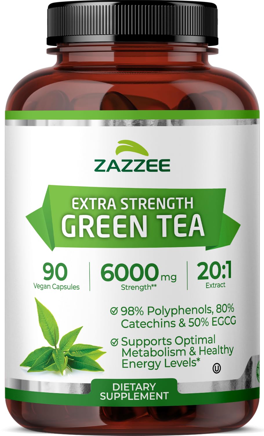 Zazzee Extra Strength Green Tea 20:1 Extract, 50% EGCG, 90 Vegan Capsules 90 Count (Pack of 1)
