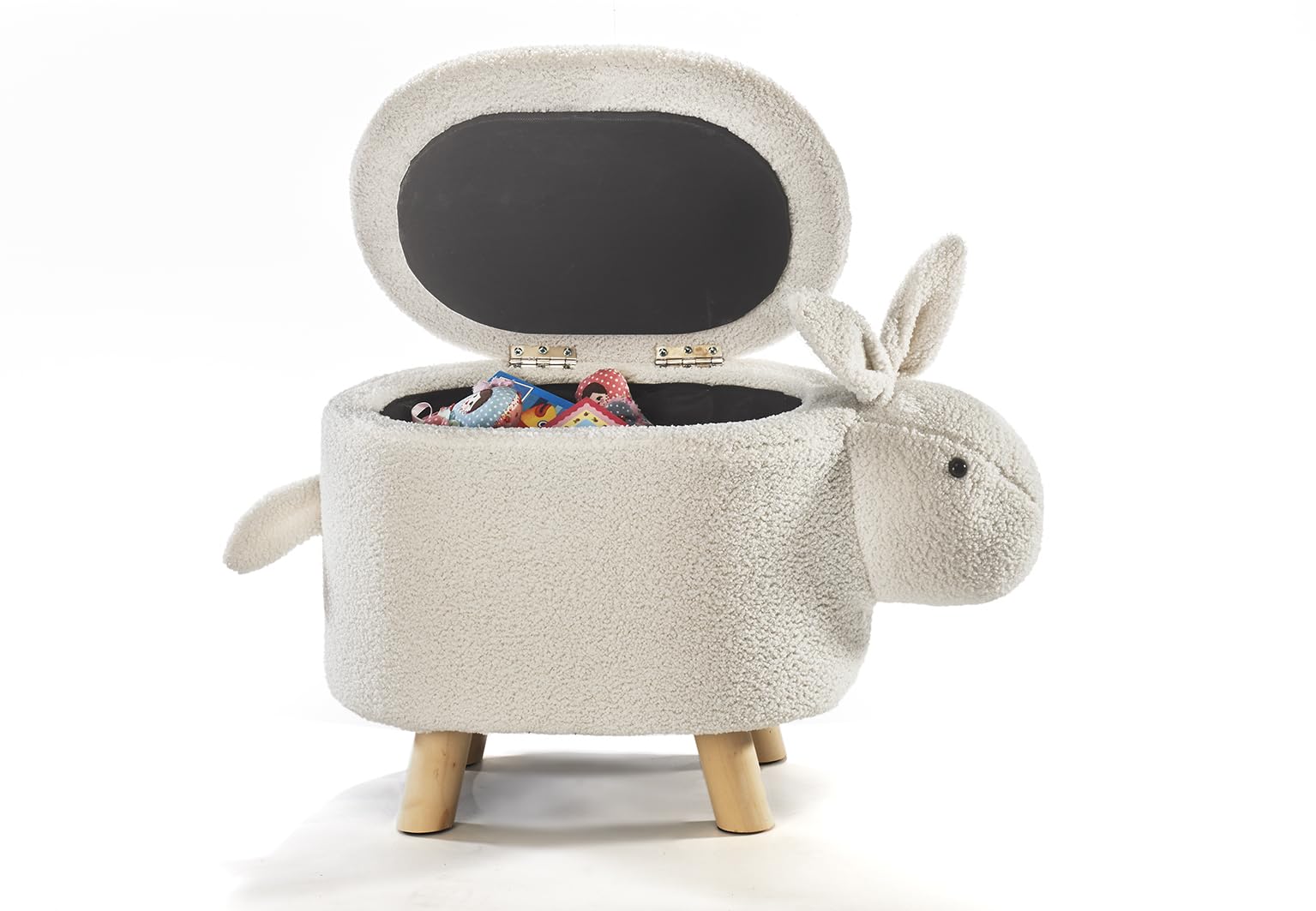 Kobolo Hocker Bunny | weiß 60x35x37 cm | Tierhocker mit Staufach | Bouclé-Teddystoff | Flauschige Sitzgelegenheit & Aufbewahrung im Tierdesign für Kinder