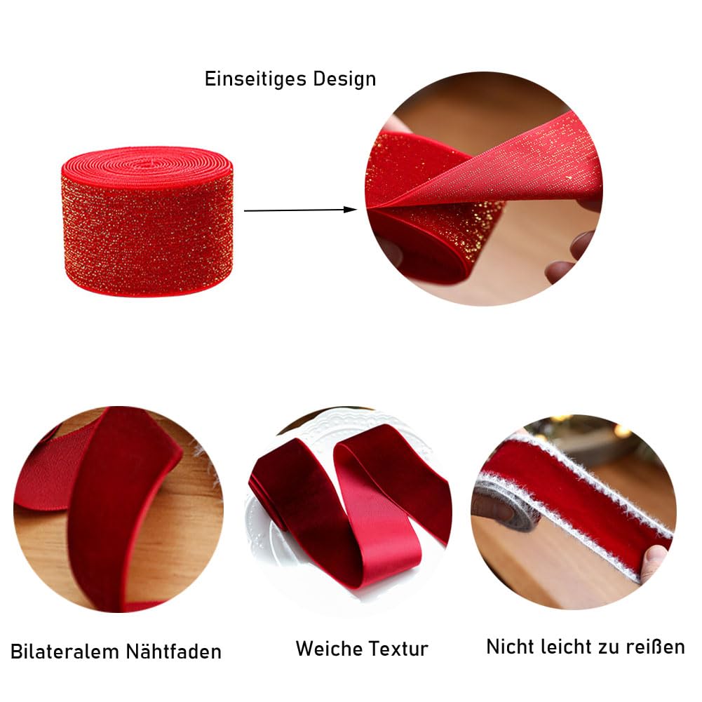 Samtband 2M Weihnachtsband Mit Draht Geschenkband Breit Dekoband Flache Drahtbänder Vintage Zierband Schleifenband Seidenband für Geschenkverpackung DIY Handwerk Blumenstrauß Dekoration