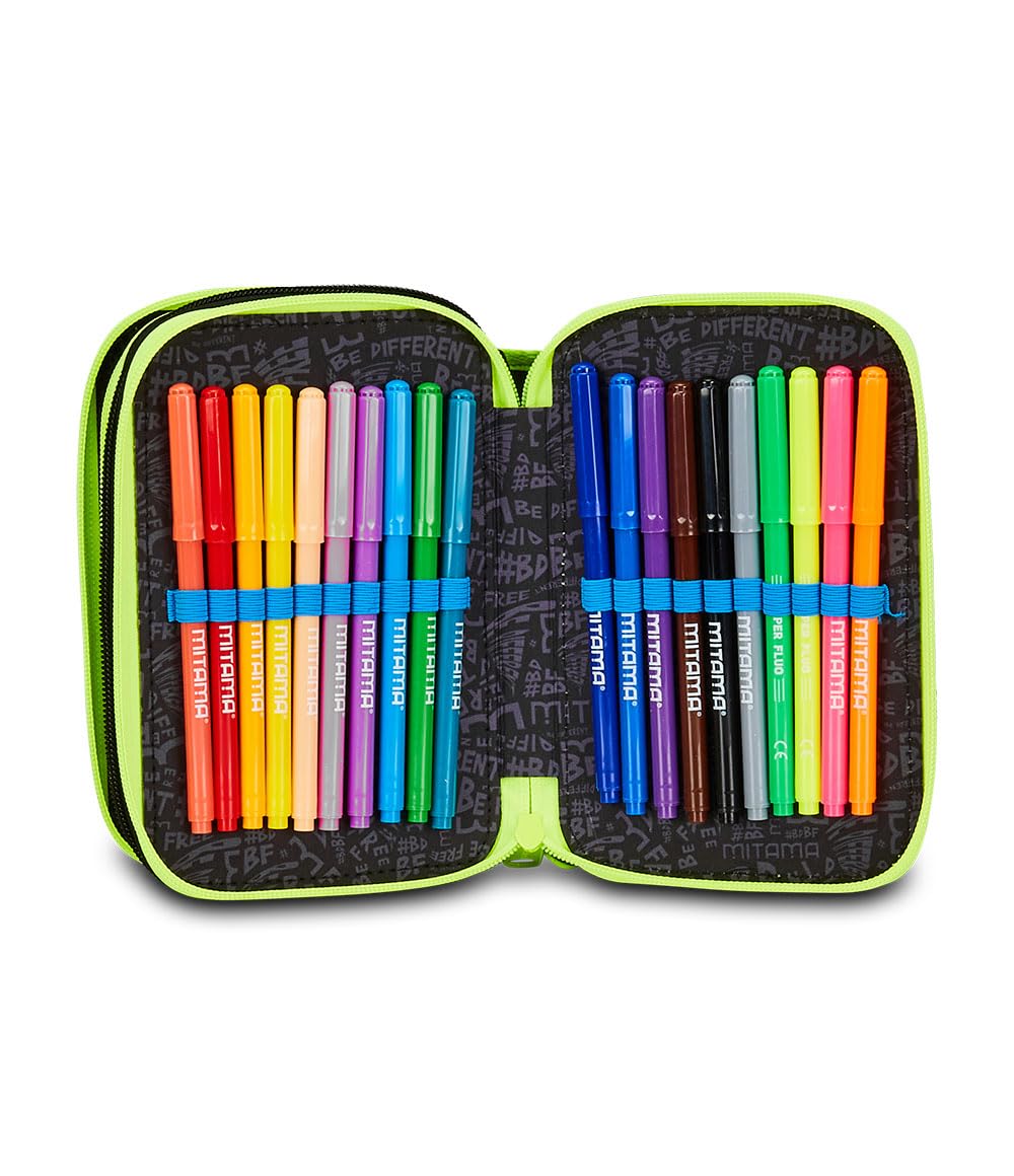 Mitama Astuccio Scuola 3 Scomparti, SUPER TRIPLO FLUO MONSTER, Contenuto 50 pz, Completo di Matite, Pennarelli, Portapenne Scuola Elementare Bambino