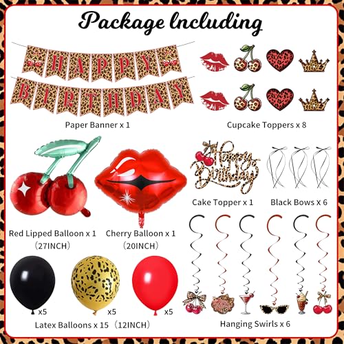 Image of Holkcog Cheetah and Cherry Birthday Decorations,Red Leopard Birthday Banner | Red Black Cheetah and Cherry Print Background, Cherry Cupcake Top, Red Leopard Pattern Party Supply for Girls Women