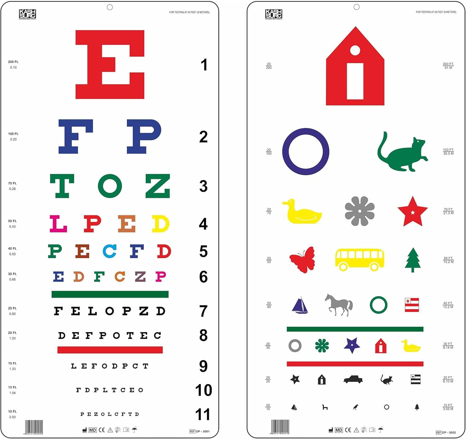 KASHSURG Traditional Snellen Color & Kindergarten Color Distance Vision Eye Chart 20 Feet 22 x 11 Inch_187_Pack of 40