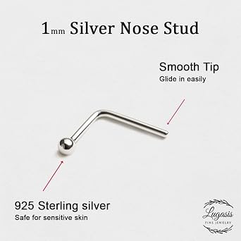 1mm Silver Nose Stud – Ultra Tiny 24 Gauge L Shape Nose Pin with Small Ball – Dainty Micro Nose Jewelry for Women & Men