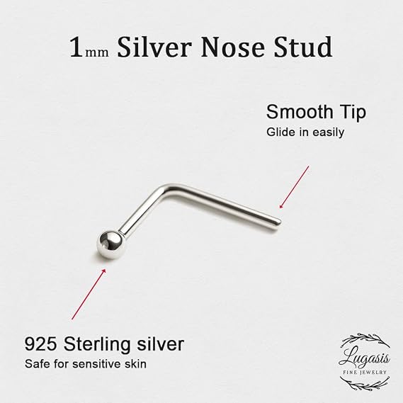 1mm Silver Nose Stud – Ultra Tiny 24 Gauge L Shape Nose Pin with Small Ball – Dainty Micro Nose Jewelry for Women & Men