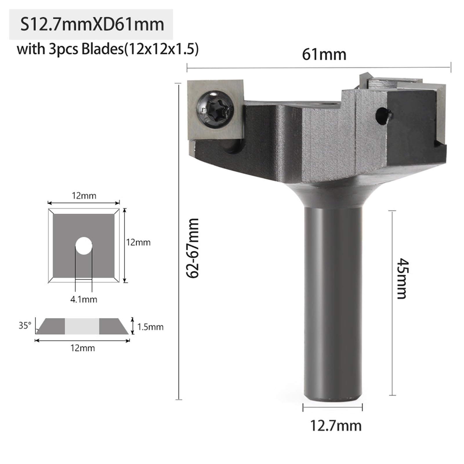 Fresa for fresatura con rompitruciolo a 3 taglienti e pulizia inferiore con gambo da 8 mm/12 mm/1-2" e inserti sostituibili(S12.7*D61*H65-3T)