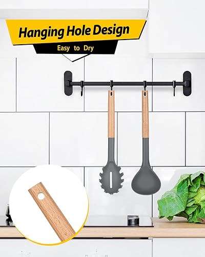 Miniatura 6 de Juego de tenedor y cucharón de silicona para pasta con mango de madera, utensilios de cocina antiadherentes resistentes al calor para cocinar,