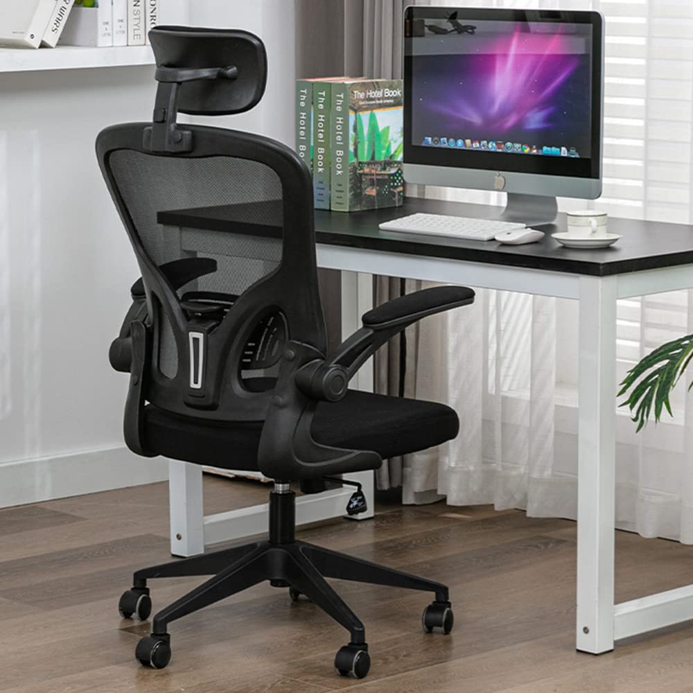 Silla de Oficina ergonómica, Silla de Oficina con reposabrazos Plegables, Silla de Oficina con Soporte Lumbar cómodo, Silla de Oficina rotativa (Negro)
