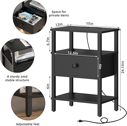 Miniatura 3 de Lerliuo Mesita de noche con estación de carga y puertos USB, mesa auxiliar de almacenamiento de 3 niveles con cajón y estante, mesita de noche para