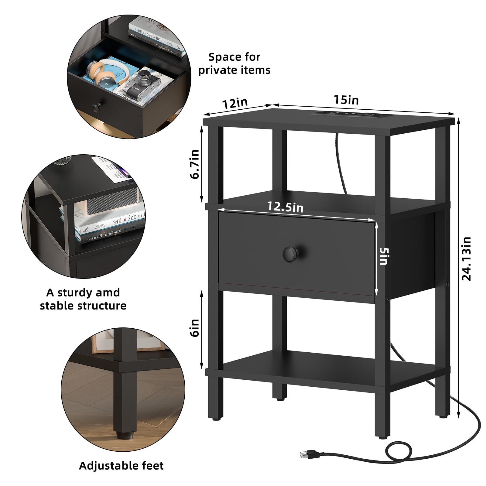 Lerliuo Comodino con stazione di ricarica e porte USB, tavolino portaoggetti a 3 livelli con ripiano per cassetti, comodino per piccoli spazi, tavolino in legno per soggiorno, camera da letto, nero