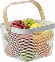 Vista 1 de Cesta organizadora de almacenamiento de acero de malla, cesta de frutas con mango de madera, ideal para cocina, baño, cestas de picnic, despensa