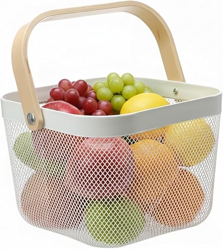 Cesta organizadora de almacenamiento de acero de malla, cesta de frutas con mango de madera, ideal para cocina, baño, cestas de picnic, despensa,