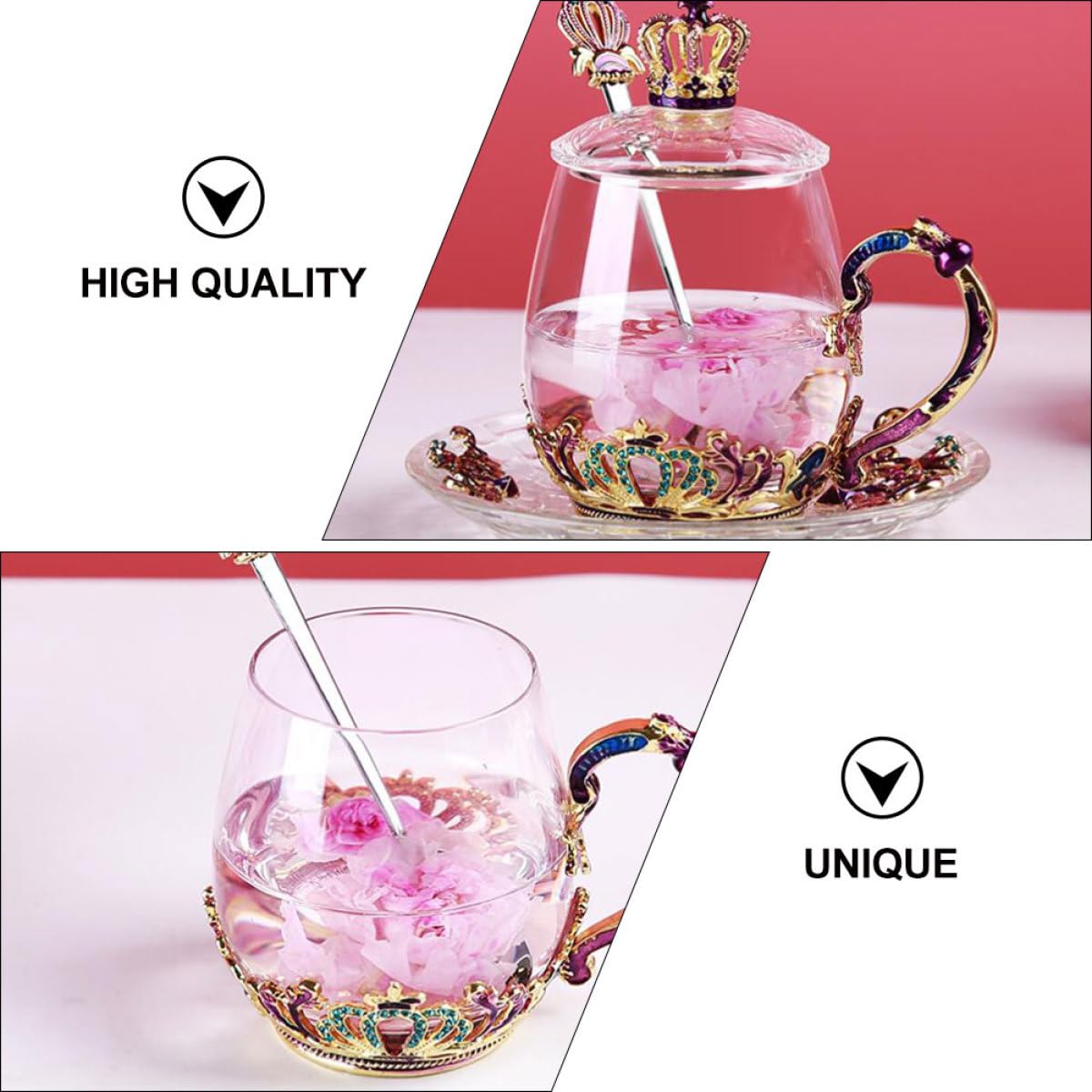 HOMSFOU Taza de Té de Cristal con Esmalte Colorido, Taza Pequeña con Diseño de Tiara y Cuchara Incluida, Vaso para Beber Infusiones y Bebidas Calientes en Hogar y Color Aleatorio
