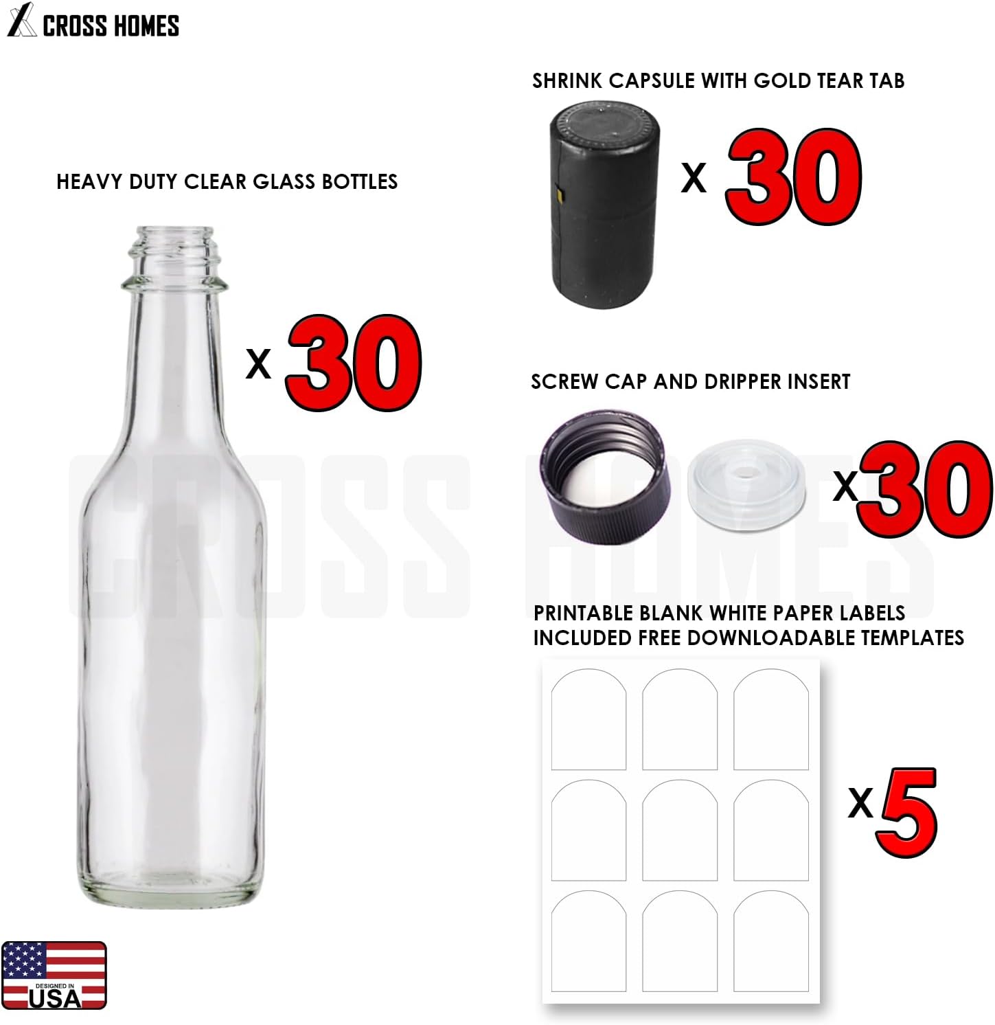 5oz Hot Sauce Bottles, Empty Clear Glass Woozy Bottles with Shrink Capsules, Small Wine Bottle with Shirnk Bands, Canning Bottle Cap Orifice Reducer Self-Printable Labels Free Design Template 30 BLACK