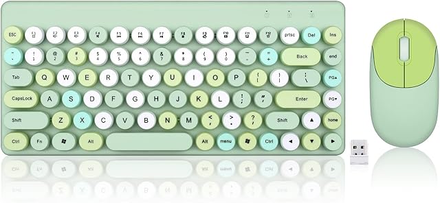 VEGCOO Wireless Keyboard and Mouse Set, Colorful Round Key Caps 2.4Ghz Computer Keyboards with Optical Mouse, Office Retro Typewriter Keyboard for Computer Mac Windows Laptop PC(Green)