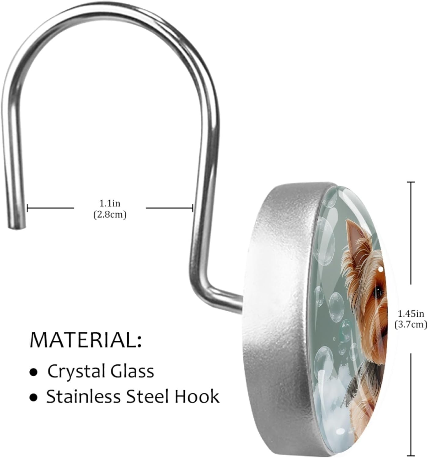 12 PCS Bathing Dog and Bubbles Shower Curtain Hooks, Rustproof Crystal Glass Shower Curtain Rings Decorative Shower Hooks, Round Shower Rings Hangers, Home Bathroom Bedroom Decor