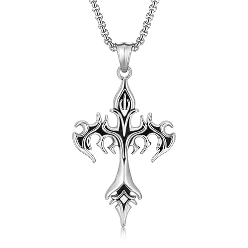 HEXALOVA Cross Necklace for Men Silver Cross Chain Stainless Steel Pendant for Women Goth Necklace Gothic Christian Jewelry - G4