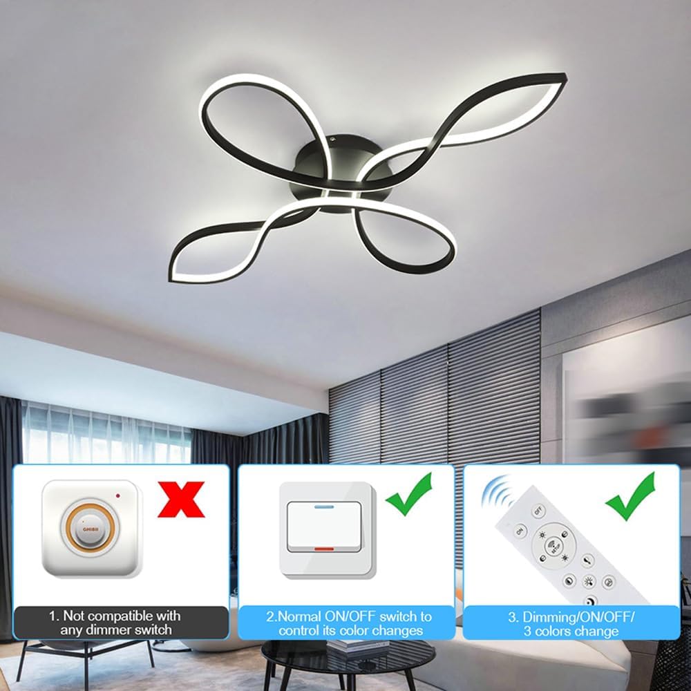 45W Modern Ceiling Lights,Dimmable LED Flush Mount Ceiling Lamp with Remote Control,Black Flower Shape Ceiling Light Fixture for Living Room Dining Room Bedroom