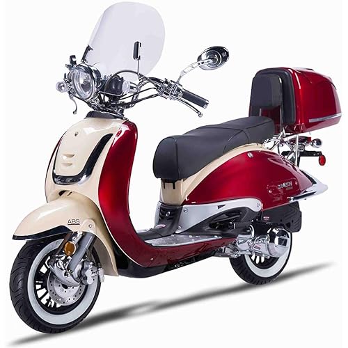 Retro Style 150cc Scooter with ABS, USB Charging Port, Windshield, Red and Cream