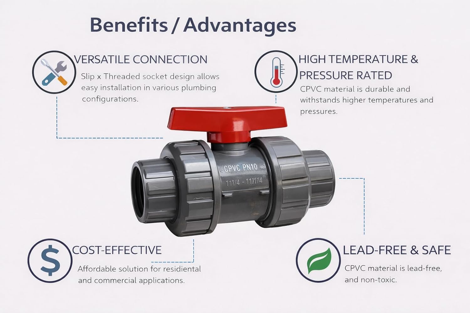 ERA SCH 80 CPVC 1-1/2 Inch True Union Ball Valve, Socket Connection – High-Temperature and Pressure Resistance, Easy Installation, Ideal for Industrial and Plumbing Systems