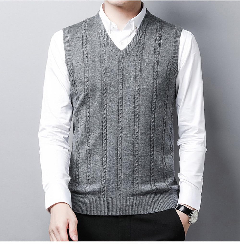 Strickweste Herren Ärmellos,Herren-Strickpullover Aus Wolle Vintage-Stil Zopfmuster Slipover V-Ausschnitt Ärmellos Business-Twist-Strickpullover Gilet Weste Weicher Warmer Pullover Gestrickte Tank