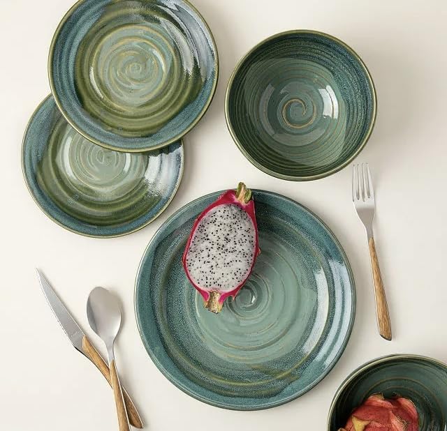 16-Piece Stoneware Dinnerware Set, Service for 4,Porcelain Dinner Set with Dinner Plates, Dessert Plates, Salad Bowls & Mugs - European Klin Green peacock Tableware dinner set