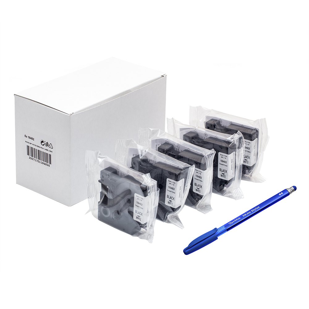 5 x Dymo 18482 Rhino Industrie Polyester Etiketten, selbstklebend, 9 mm x 3,5 Schwarz auf Wei + Papermate Kugelschreiber Geschenk