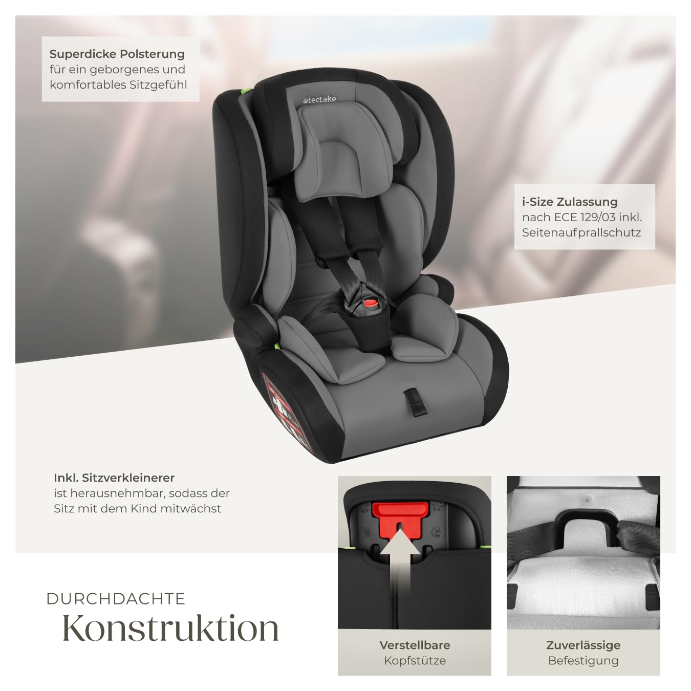 tectake® Autositz mit 5-Punkt-Gurt, i-Size Zulassung, mit Seitenaufprallschutz, Kindersitz Sitzerhöhung für Kinder von 76-150 cm, bis 36 kg, Kindersitzerhöhung, ohne Isofix - dunkelgrau/schwarz