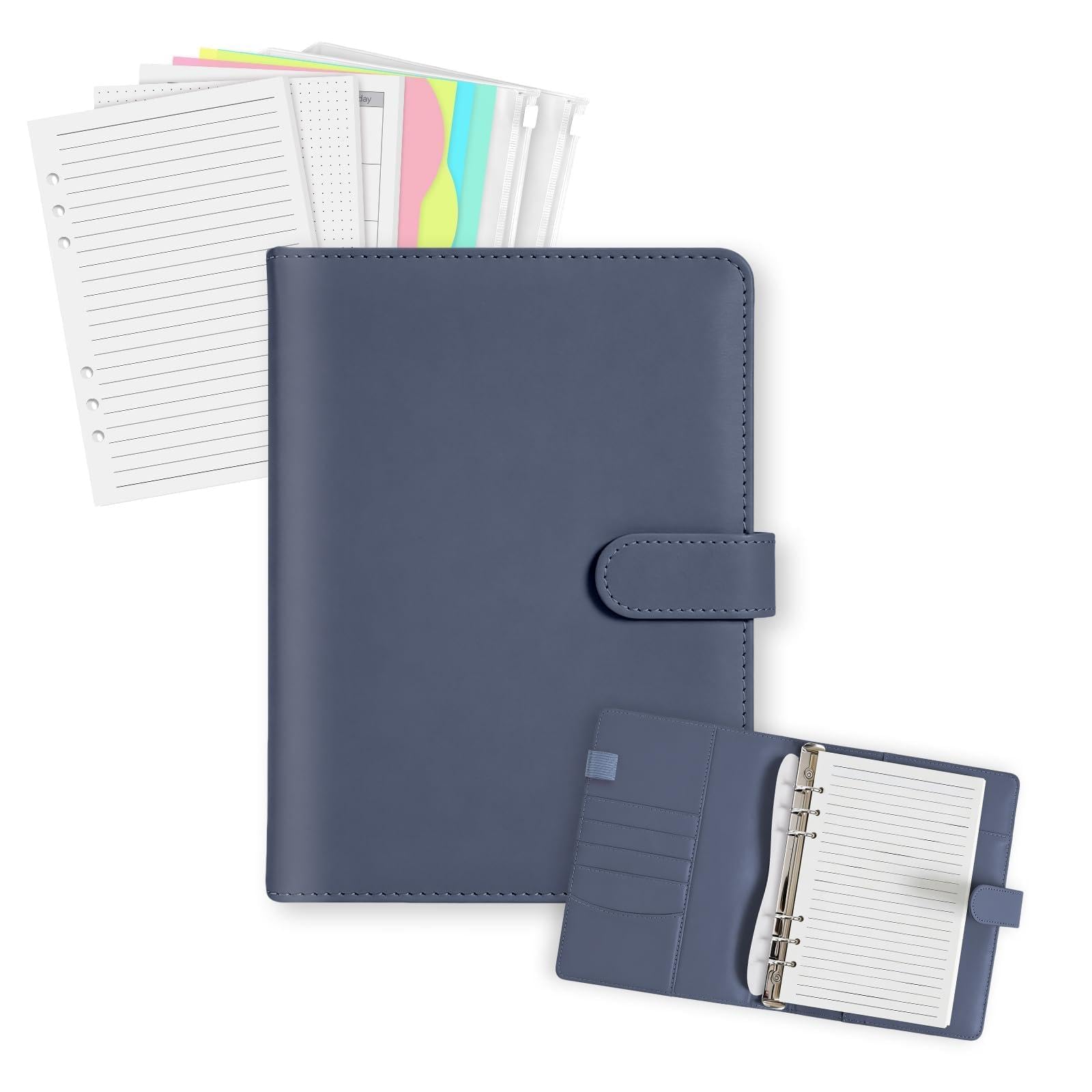 Quaderno A5 Ricaricabile in Pelle PU – Set Completo con 165 Fogli, Tasche Zip e Divisori – Organizer per Scuola e Lavoro (Blu aeronautica, A5)