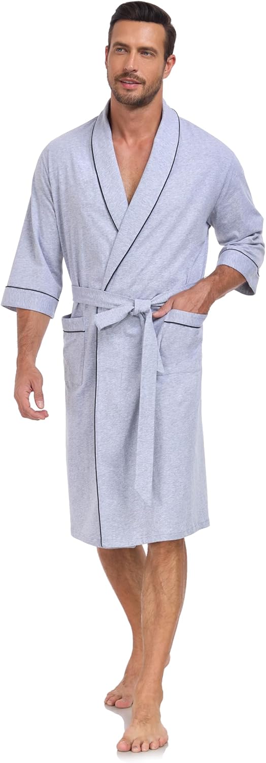 COLORFULLEAF 100% Cotton Men's Bathrobes Lightweight Short Sleeve Robes，Summer Soft Breathable Knit Spa Robe for Men - Image 8