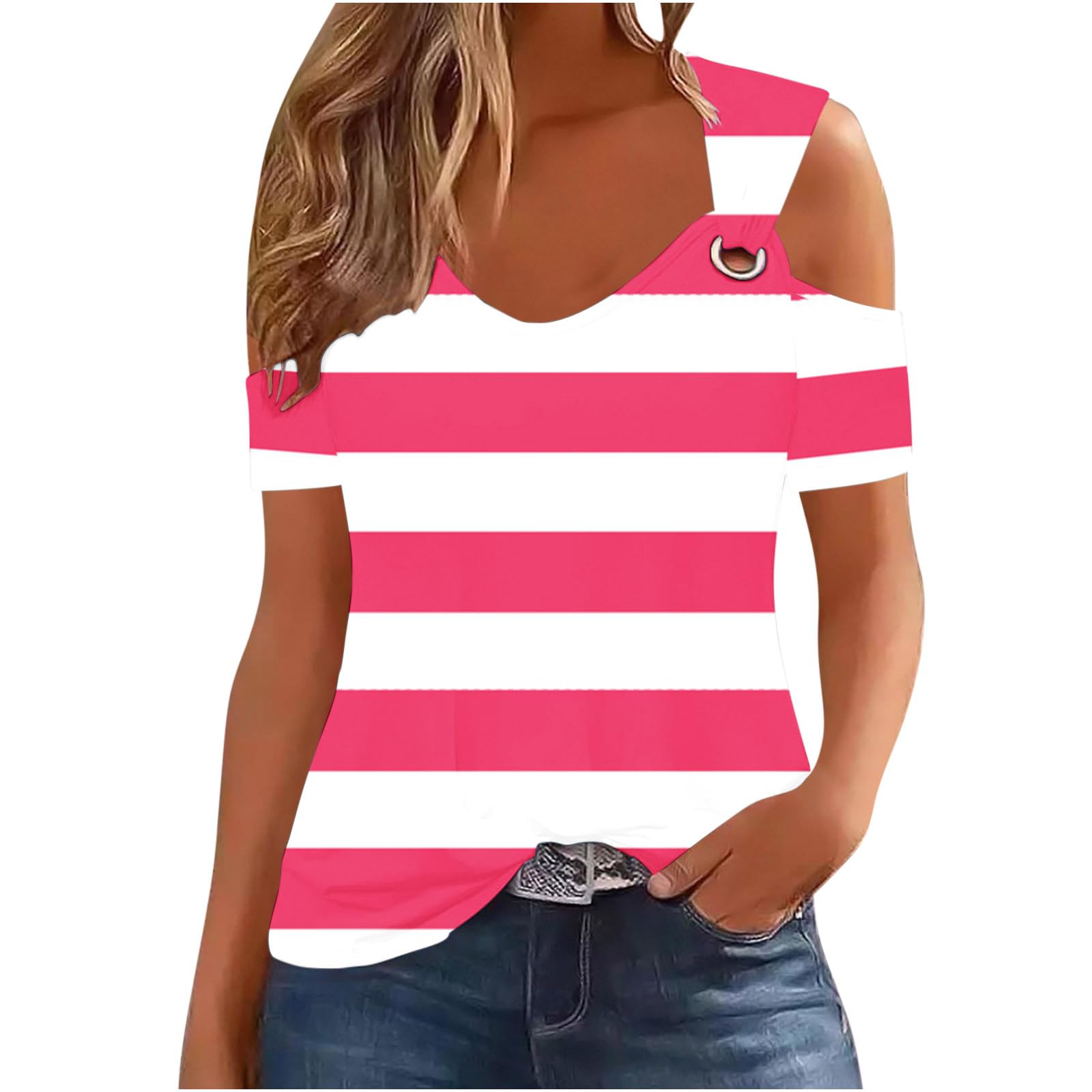 HAOLEI Camisetas Manga Corta Mujer,Camsieta Mujer de Hombros Descubiertos con Cuello en Redondo Blusas de Mujer Elegantes de Color Solido/Estampada en Multicolores Camiseta Blanca Mujer Verano