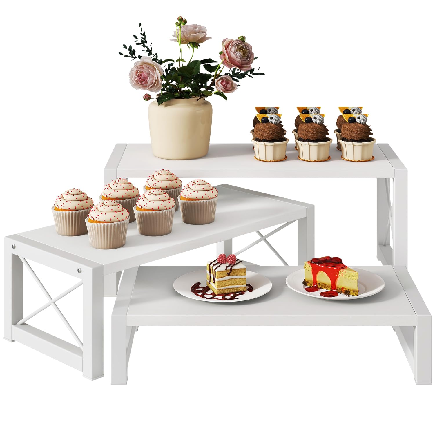 IBUYKE Cupcake Display Stand, Set of 3,Large Wood Risers Display Stands,Dessert Stand for Party,Tiered Serving Stand for Decor, Doll,Food,Perfume,White TLJ019W